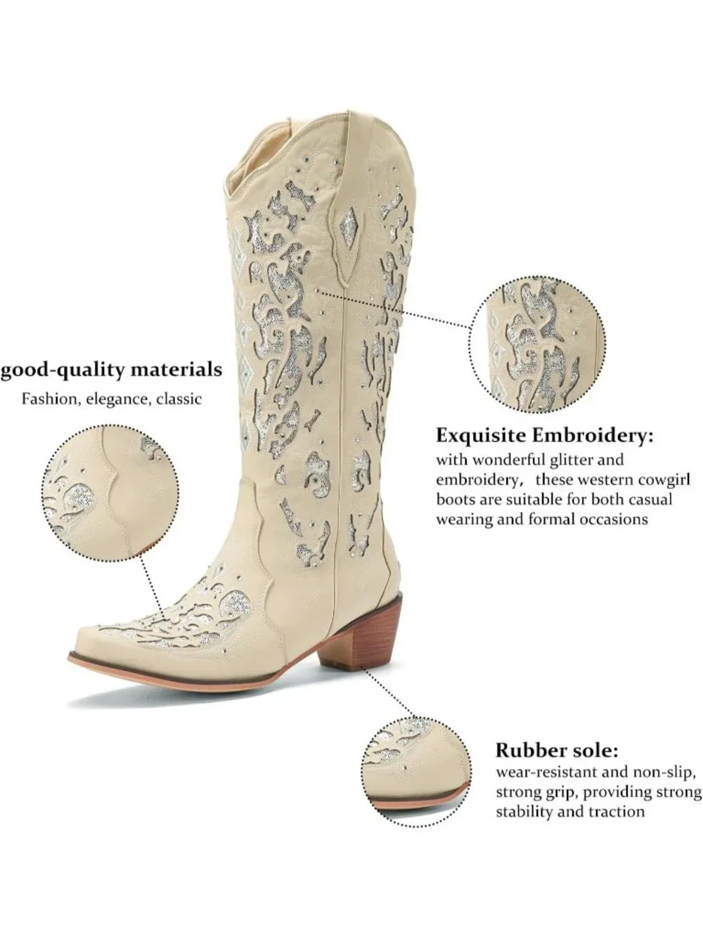 Women's White Mid Calf Cowgirl Boot Rhinestone Comfortable Chunky Heel Western - Picture 5 of 5